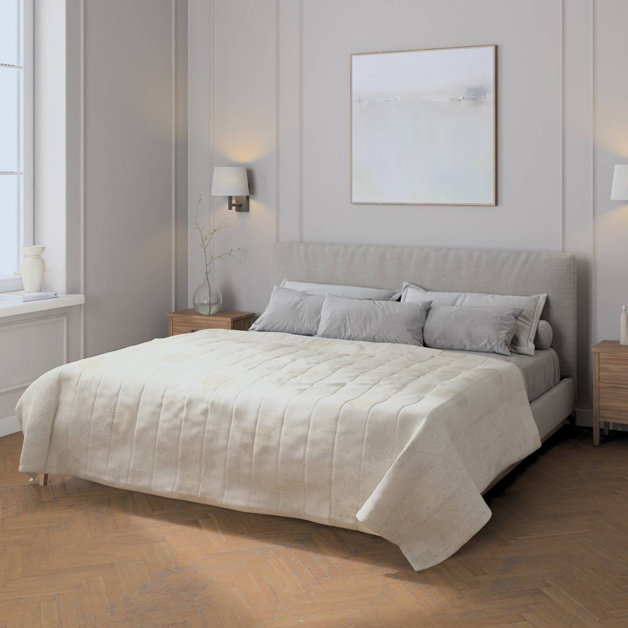 Sengetæppe quiltet<br/>10cm striber, Offwhite og naturhvid, Secret Garden
