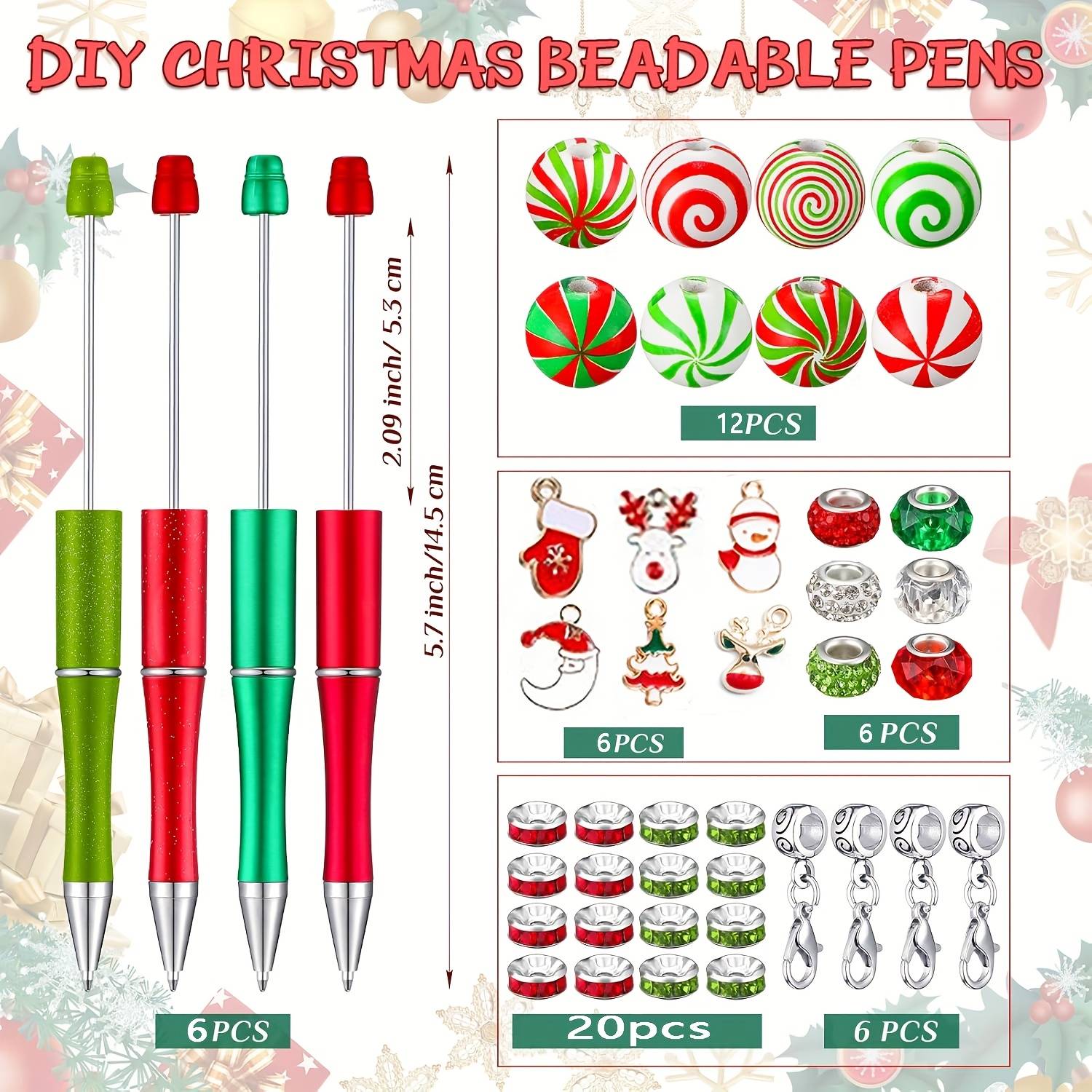 56 Christmas Bead Pens Set, Snowman, Santa Claus, Ballpoint Pen, Black Ink, Student Teacher, School Homemade, School Office, Christmas Party Gift