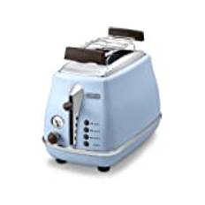 De'Longhi Toaster Icona Vintage CTOV2103.AZ - 2-Schlitz-Toaster mit Brötchenaufsatz, Edelstahl in elegantem Retro Look mit Chrom-Details, blau