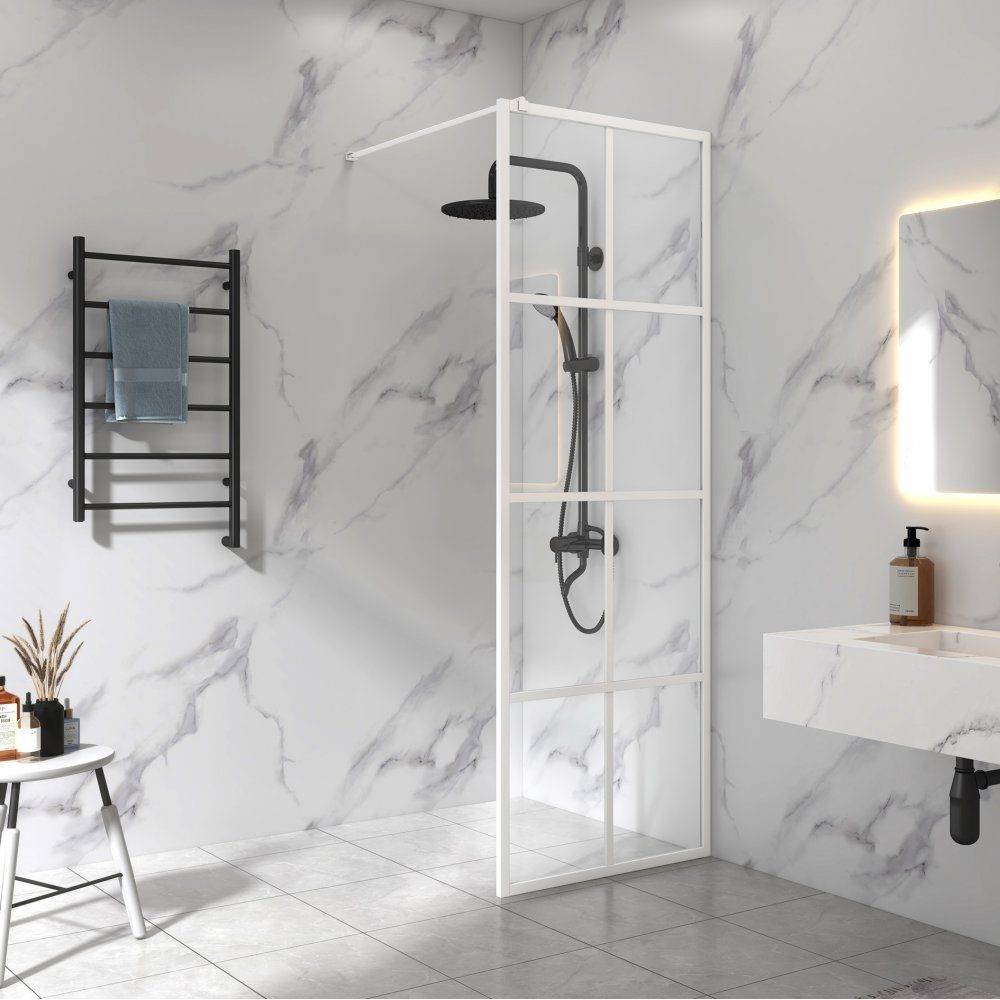 Duschvägg vit spröjs 70x200cm | 6mm säkerhetsglas | Industridesign | Duschvägg med vita profiler. Storlek: 70x200cm.