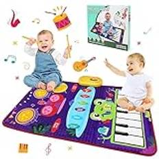 JoyPlus Musikaliska leksaker för baby, 1 år, pianomatta för barn, 2 i 1 musikalisk leksak för piano och jazztrummor, med 2 pinnar, babymusikmatta, pedagogiska leksaker, present till barn 1–4 år