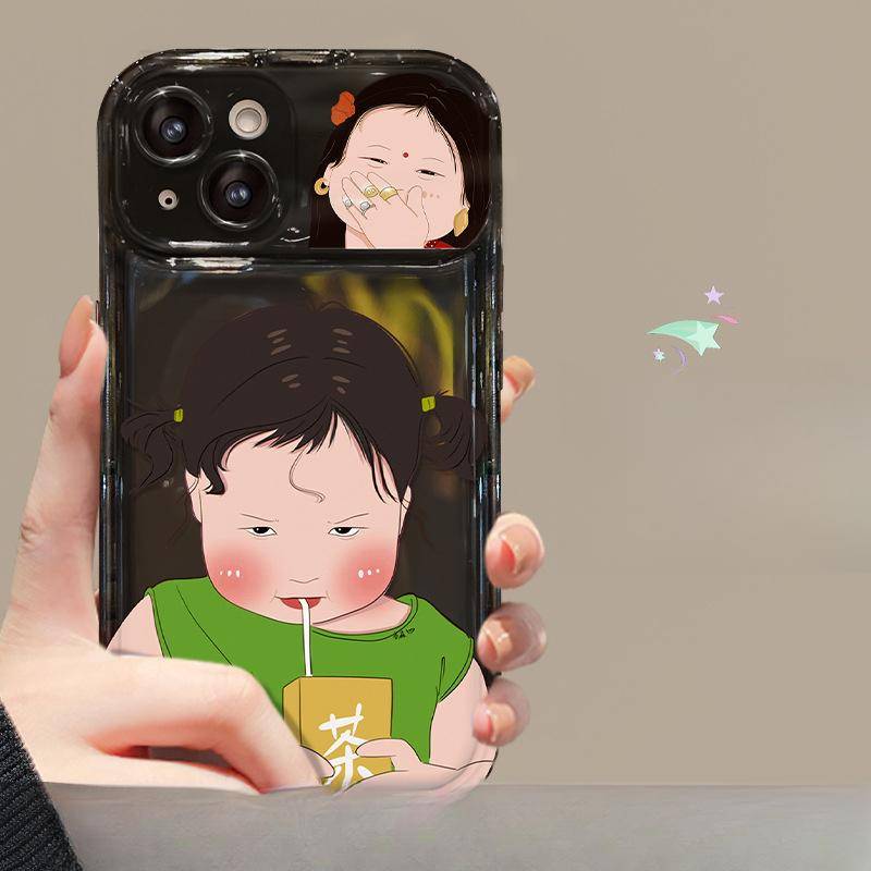 The Tea Drinking Girl Lanyard Is Suitable for Apple 16pro Phone Cases, 15 Flip Mirror, 14 Silicone Anti-drop, 13/12 Transparent VIVO X100 Pro