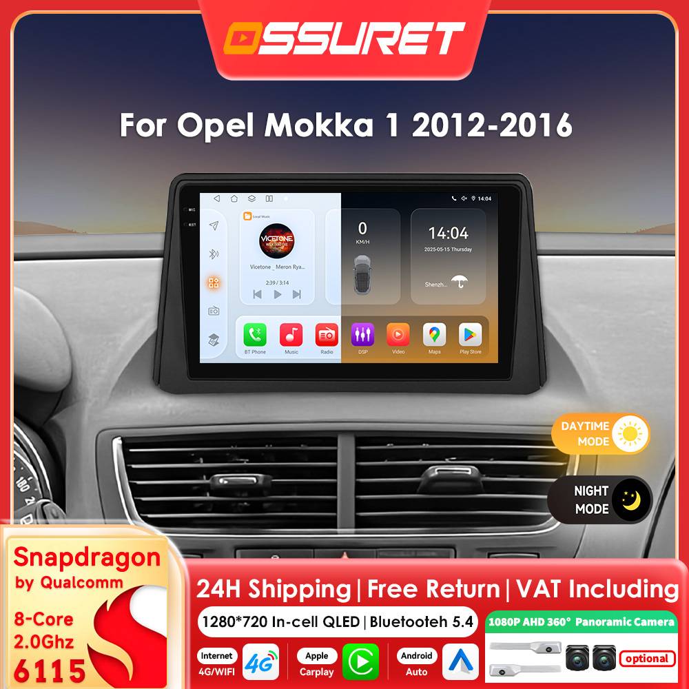 9Inch Android 14 Car radio for Opel Mokka 2012 - 2016 Carplay for Apple Auto intelligent systems 2DIN multimedia player 6115 8Core Head Unit 4G Wifi RDS DSP