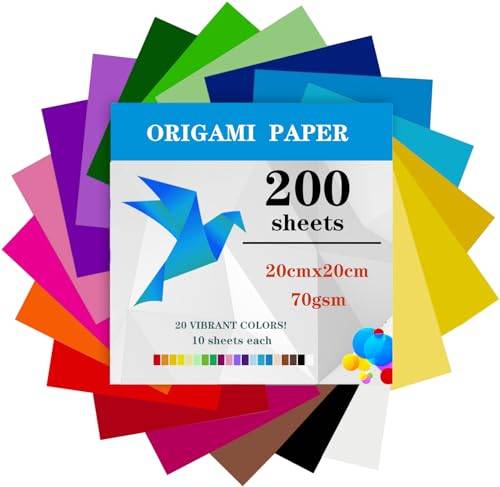 TYOREW 200 ark origami-papper, 20 x 20 cm/8 tum origami-papper dubbelsidig (70 gsm), 20 färger stora origami-papperskorgar för barn gör-det-själv skola konst hantverksprojekt barn vuxna ..