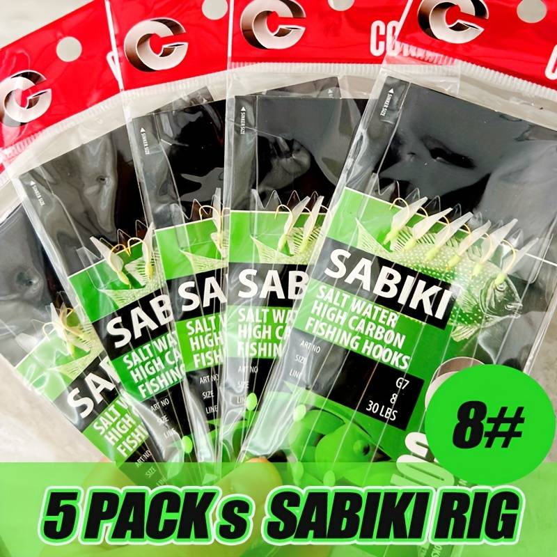 Takbas 5pcs Sabiki Rigs With Glow Beads - High Carbon Hooks For Freshwater & Saltwater Fishing, Ideal For Bass, Trout & More - Green