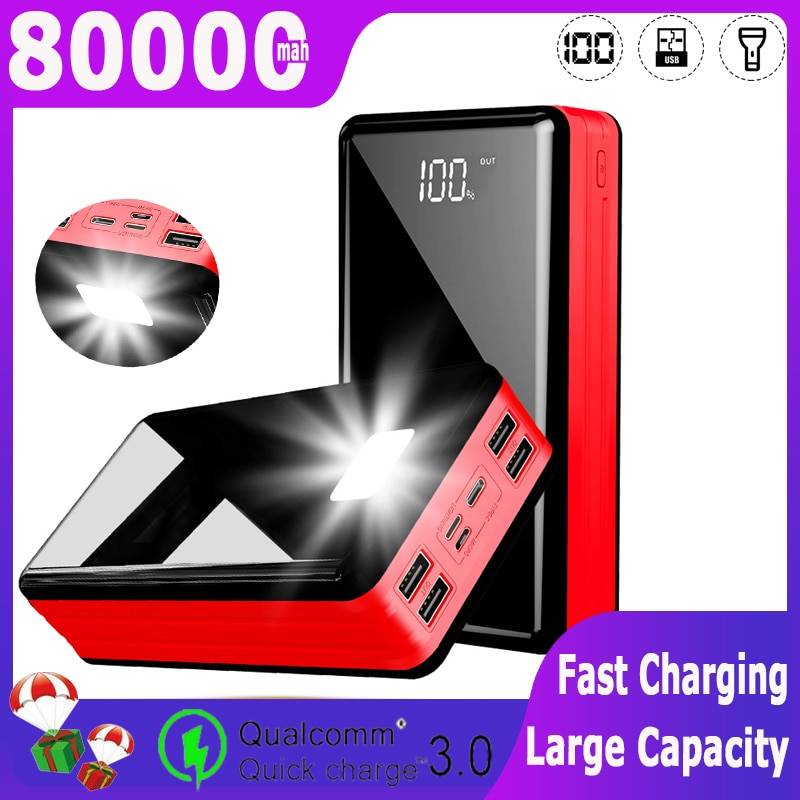 80000 mah power bank stor kapacitet bärbar laddare externt batteri led digital display power bank för xiaomi iphone samsung - Svart