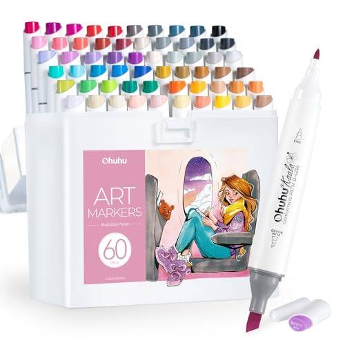 Ohuhu Markers 60 färger, alkoholbaserad uppsättning konstpennor med fin dubbelspets, för konstnärer, färgläggning för vuxna, anime-tecknade figurer, manga-illustrationer