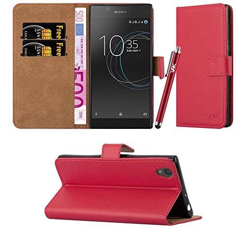 Sony Xperia L1 fodral, läderplånbok bokkortfodral fodral fodral för Sony Xperia L1 + skärmskydd och putsduk + pekpenna Telefonskal Röd