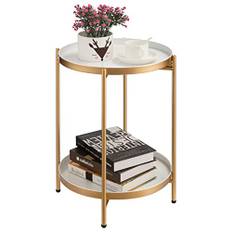HollyHOME Runt Sidobord Metall Soffbord Bricka 2 Nivåer, Mellanmålsbord Tebord Nattduksbord för Vardagsrum Sovrum Balkong Uteplats, Guld och Vitt