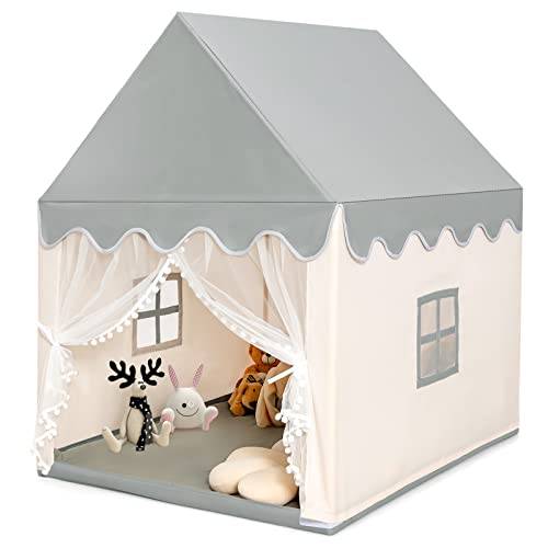 COSTWAY Lekstuga/barntält/lekhus för prinsessor, tygtält med massiv träram och bomullsfilt, barnlekslott för pojkar, saga, 120 x 105 x 140 cm (beige + grå)