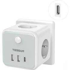 TESSAN Gray USB Socket, Standard 6 in 1 Tee Sockets with 3 USB Ports, Multiple Wall Socket Hub with Switch, USB Charger Compatible with Phone, Tablet 3 Outlets 1Type-C 2 USB A grå färg