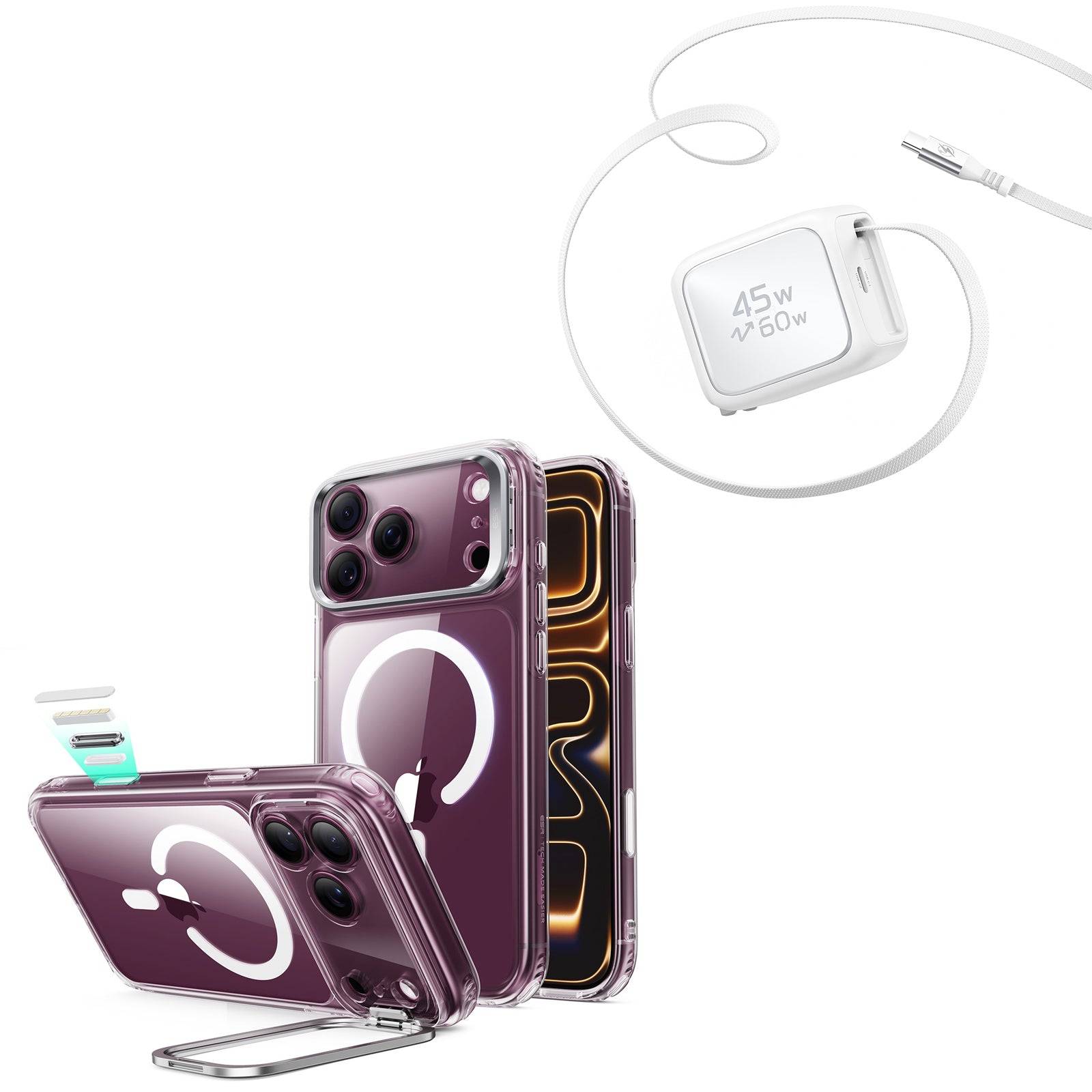 iPhone 18 Pro Classic Hybrid Magnetic Case with Camera Control and Flex Stand, Plus Xtend 45W Retractable Charger Bundle - Clear - Clear