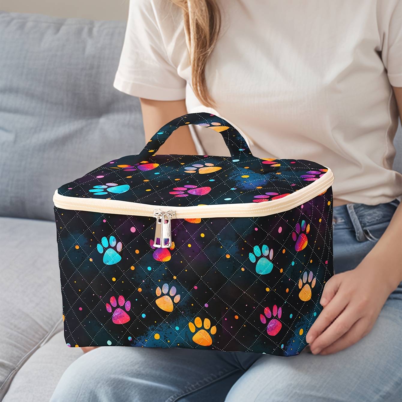 TEMU Portable Travel Cosmetic Bag With Colorful Paw Print Design, Organizer For Brushes And Additions, Large Capacity Toiletry Storage Bag, Cute And Stylish Makeup Pouch