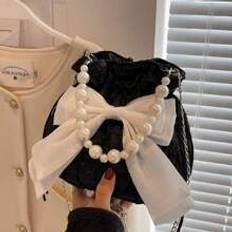 Mini Faux Pearl & Bow Decor Textured Chain Bucket Bag