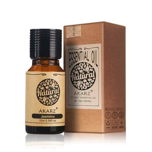AKARZ Jasmin eterisk olja Naturlig Ekologisk Ren Premium Terapeutisk Jasminolja för Hud Kroppshårvård, Diffuser, Ljus, Tvål, Tillverkning, Gör själv, Massagearom 10ml