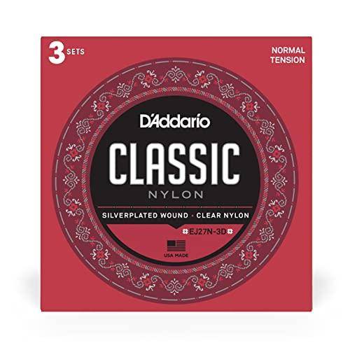 D'Addario Klassiska Gitarrsträngar, Silverpläterad Lindad Klar Nylon, Normal Spänning, EJ27N-3D, 3-pack [Officiell Japansk Produkt]