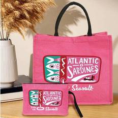 Retro Sardines The Large Capacity Handbag Set With Letters "Atlantic Ardines" Pattern, With A Cosmetic Bag, A Light Cosmetic Storage Device, A Coin Pu - Hot Pink - Big Bag + Small Bag,Large Bag (excluding Small Bag),Small Bag (excluding Large Bag)