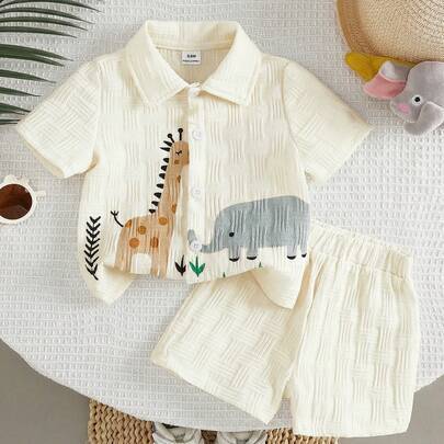 2 st babypojke med texturerat sött tecknat tryck och shorts, gatumode för barn - Aprikos (6-9M,9-12M,12-18M,18-24M,2-3Y,3-6M)