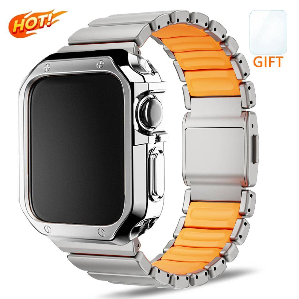 Titanrem+TPU-fodral för Apple Watch Ultra 3 2 49 mm 46 mm 45 mm 44 mm Affärsmän Armband för iwatch 11 10 9 8 7 6 5 4 SE Band black