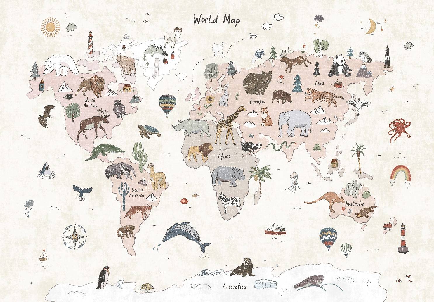 Barnmatta - Kids World Map (beige) (Storlek: 120 x 170 cm)