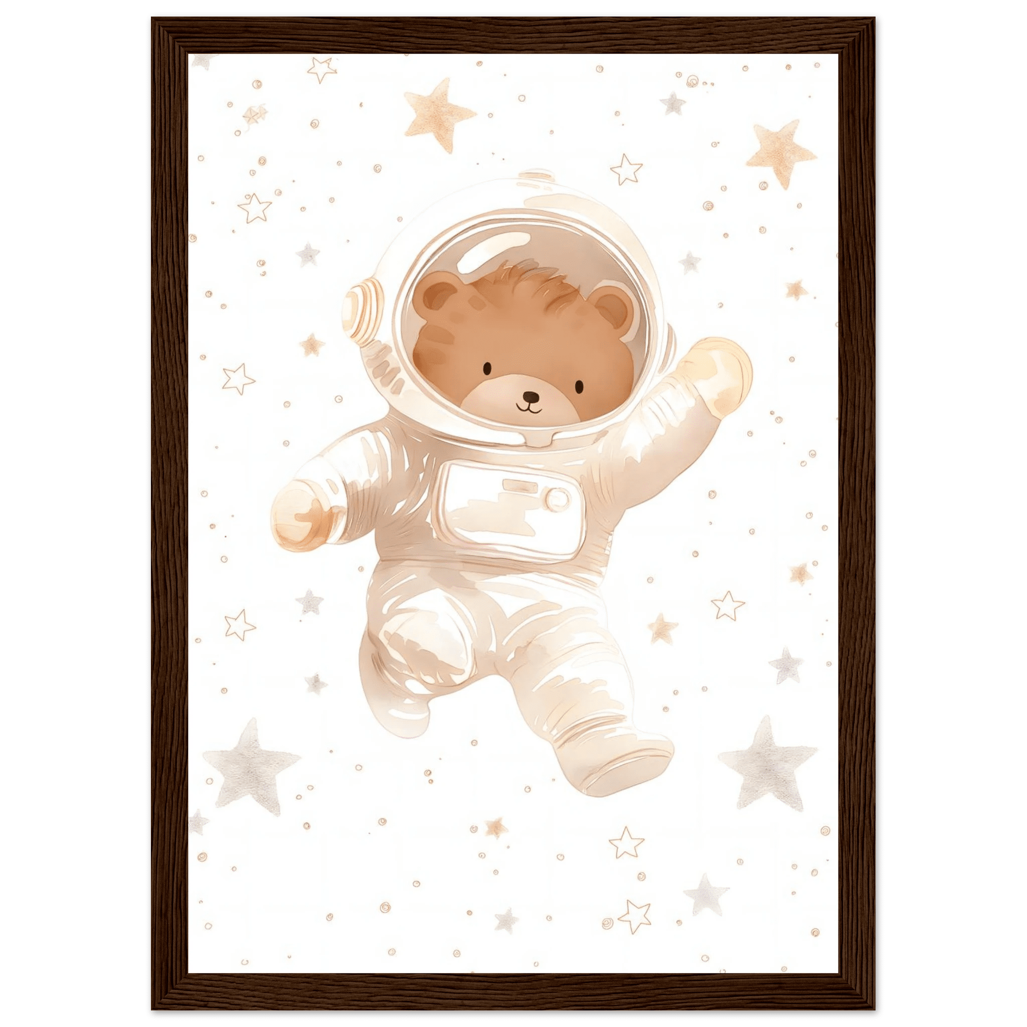 Björn astronaut poster-21x29.7 cm / 8x12" / Med ram / Mörkt trä