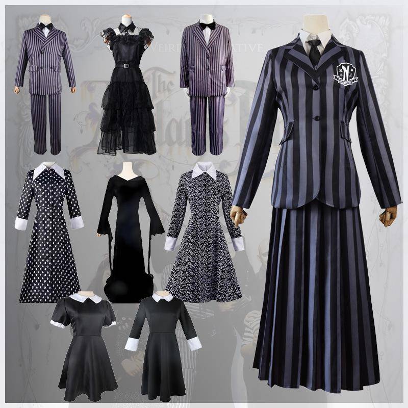 Adams Family Cosplay Kostym Wednesday Skolklänning Mor Fader Outfit Gotisk Halloweenfest Outfit cm black