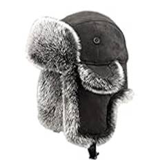 Insun Flygarmössa i mocka, unisex, vindtät pilotmössa, varm fuskpäls, rysk mössa, svart, M