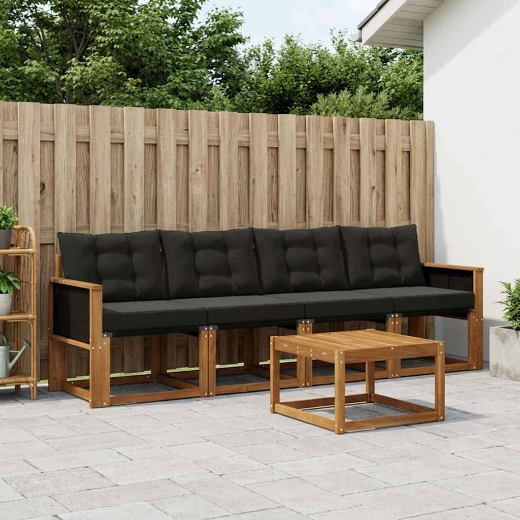 Udendørs Sofagruppe Med Pude 5 Dele - Naturfarvet og sort / Sort rattan.