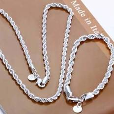 Berlock 925 Silver 2 st Silver 16-24 tum 4 mm Repkedja Halsband Herr Kvinnor Mode Berlock Fest Smyckeset (40cm+20cm,45cm+20cm,50cm+20cm,55cm+20cm,60cm+20cm)