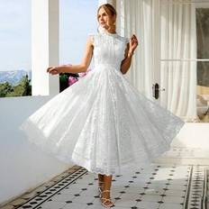 Dam Elegant Vintage Spets Trumpet Fåll Klänning, Festklänning, Bröllopsklänning - Vitt (L,M,S,XL,XS)
