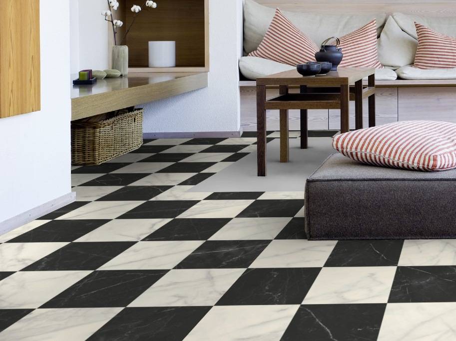Vinyl - Sorte & Hvide Marmor Fliser - 400 cm. (+/- 1 %)