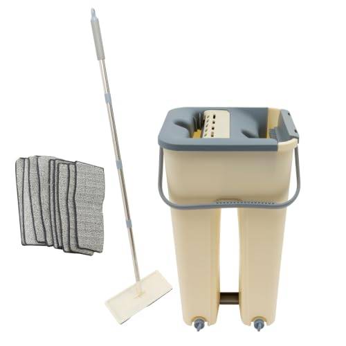 Platt mopp och hink-set med 10 dukar, 360° vridbar mopp | Moppset med hink, platt golvtorkare med mikrofiberdyna för kakel, laminat och parkett