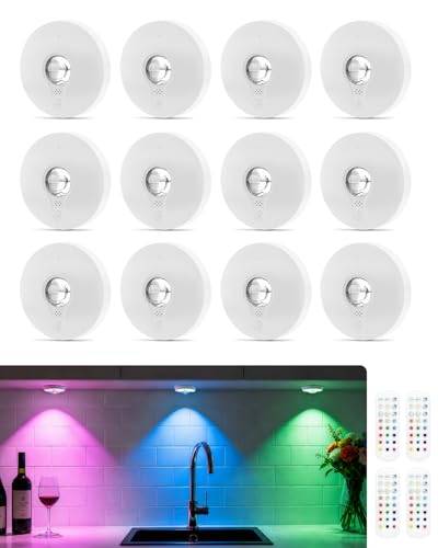 WUYOR USB-uppladdningsbar RGB LED-spot med batteri och fjärrkontroll, färgskiftande LED-underskåpsbelysning, magnetiskt dimbar batteridriven skåpbelysning, trådlös vitrinbelysning med timerfunktion