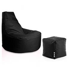 PATCH HOME Gamer Sessel Sitzsack inkl. Würfel Bean Bag Set Ø80cm, 30cm Sitzhöhe, 90cm Höhe + 35x35cm Würfel Schwarz