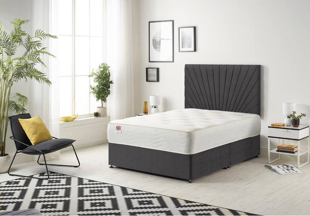 Somnior Flexby Plush Fabric Divan Bed with Orthopeadic Sprung Memory Foam Mattress and Headboard in Black | Size: Double