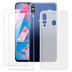 Tillverkad för Samsung Galaxy M30 fodral + 2 st skärmskydd härdat glas, stötsäkert stötsäkert mjukt silikon TPU-fodral för Samsung Galaxy A40S (6,3 tum) vit