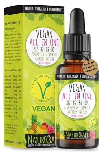 Vegan All-in-One Tropfen - Vitamin B12+B2+B6+B9 Folsäure + Zink + Eisen + Selen + Natrium + Kalium + Jod - Komplex mit natürlichem Tropical Fruchtgeschmack (20ml = ca. 4 Monats-Vorrat)