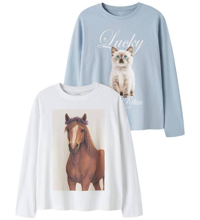 Name It Bluser - 2-pak - NkfVotea - Bright White/Subdued Blue - Name It - 7-8 år (122-128) - Bluse