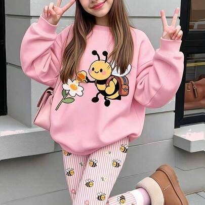 2-delat set för tweenflickor med söt bikupemönster, blommig lantstil, rosa, sweatshirt med rund hals och lång ärm samt leggings, lämpligt för höst/vin - Vitt (6Y,7Y,8Y,9Y,10Y,4Y,5Y,14Y,11Y,12Y,13Y)