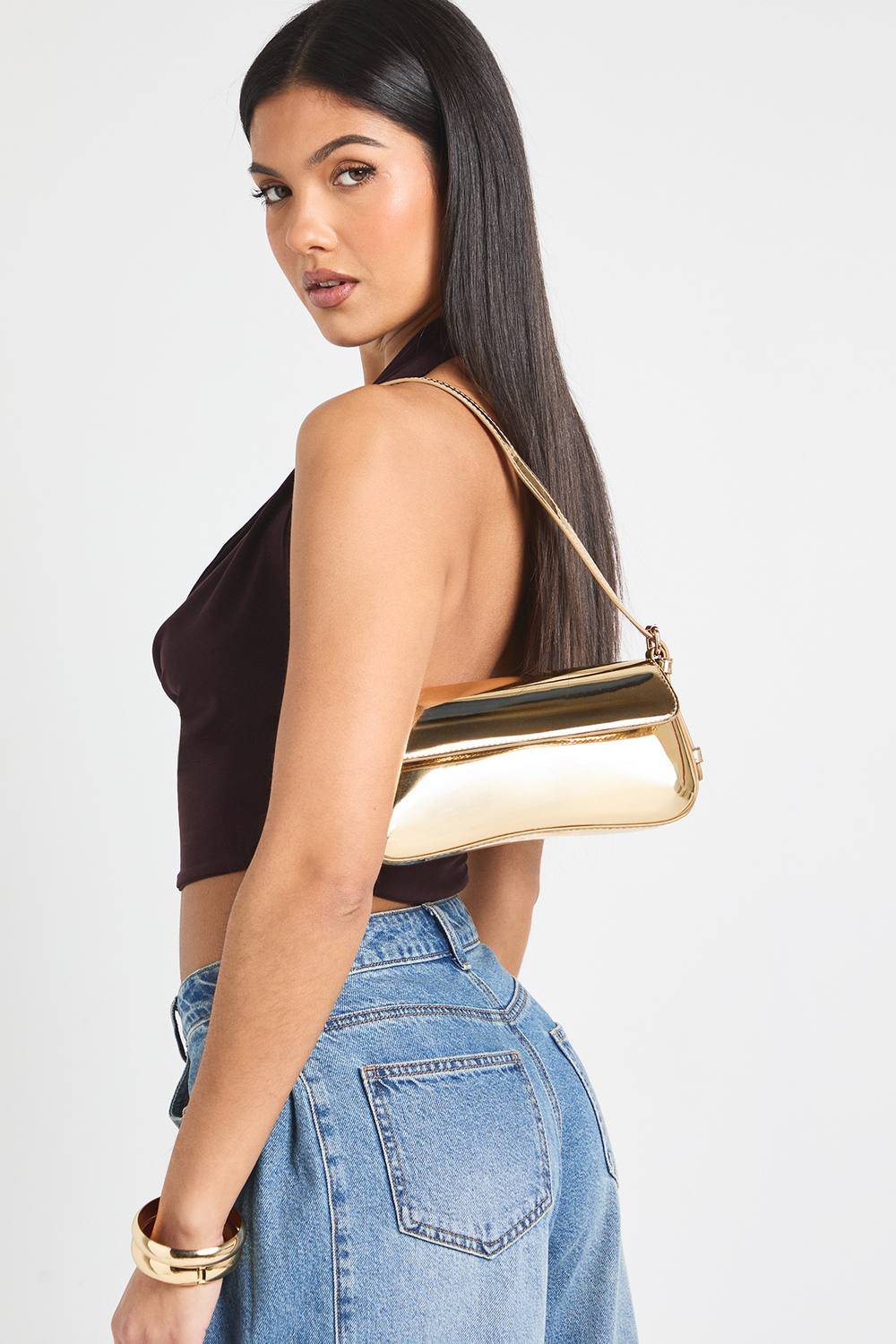 Fold Over Mirrored Shoulder Bag, gold