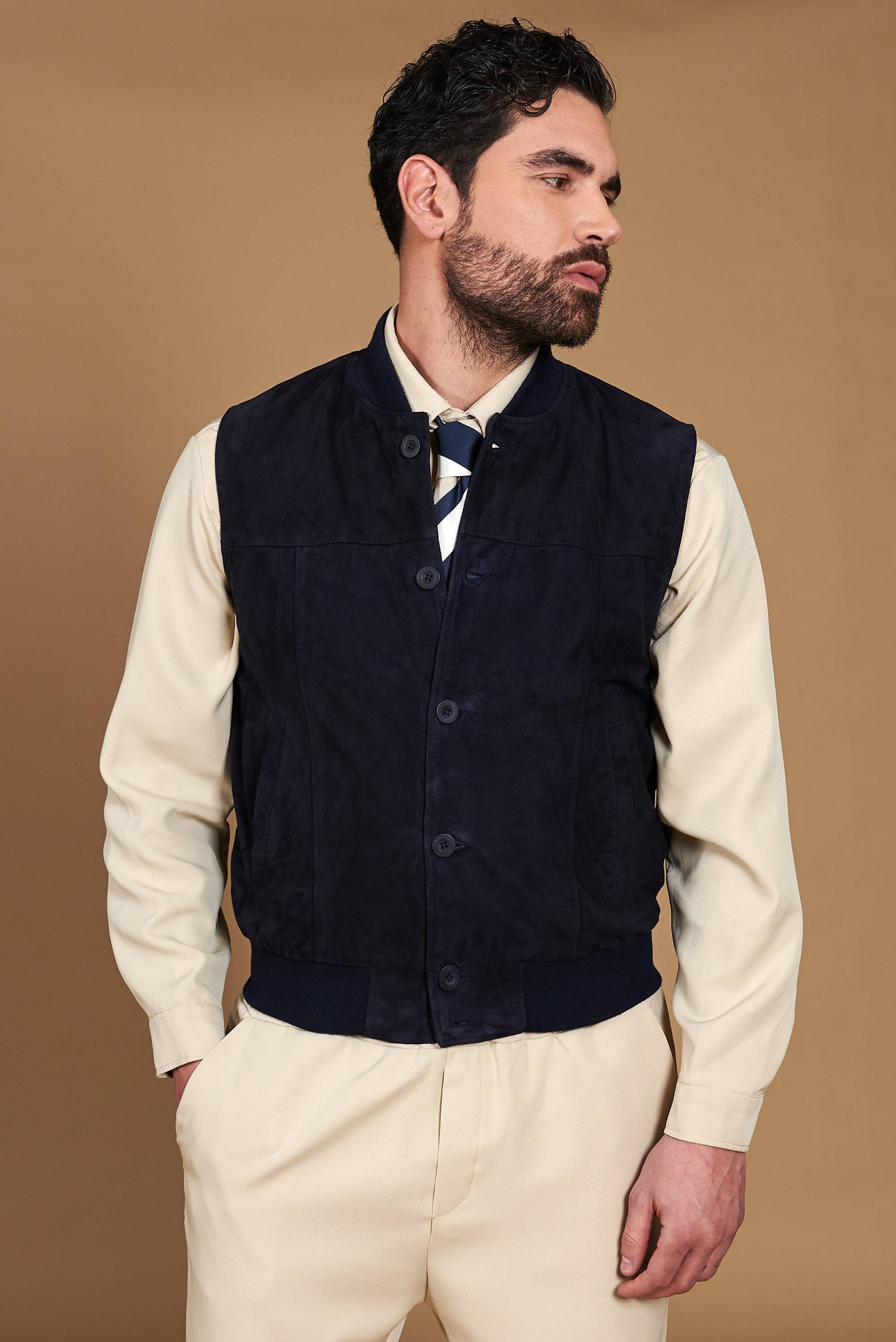 Blue suede leather vest with buttons - 56/XXL