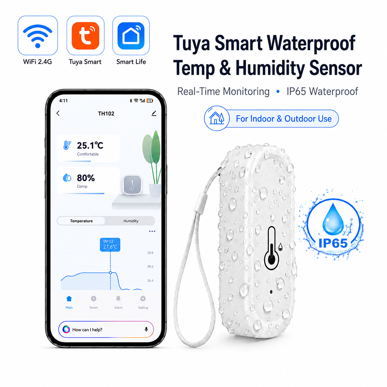 Tuya IP65 Waterproof Outdoor or Indoor WiFi Temperature Humidity Sensor Home Thermometer Compatible With Alexa Google Home Voice