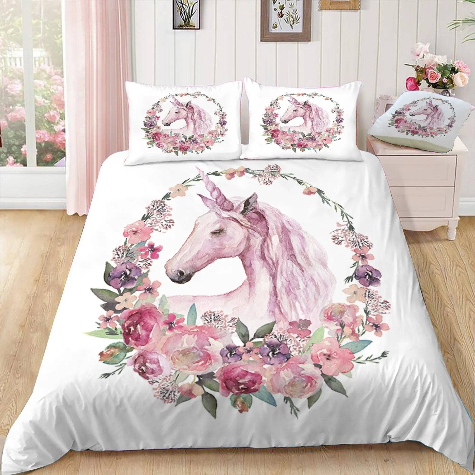 Påslakan vit med enhörning och blommor, 228 x 228 cm