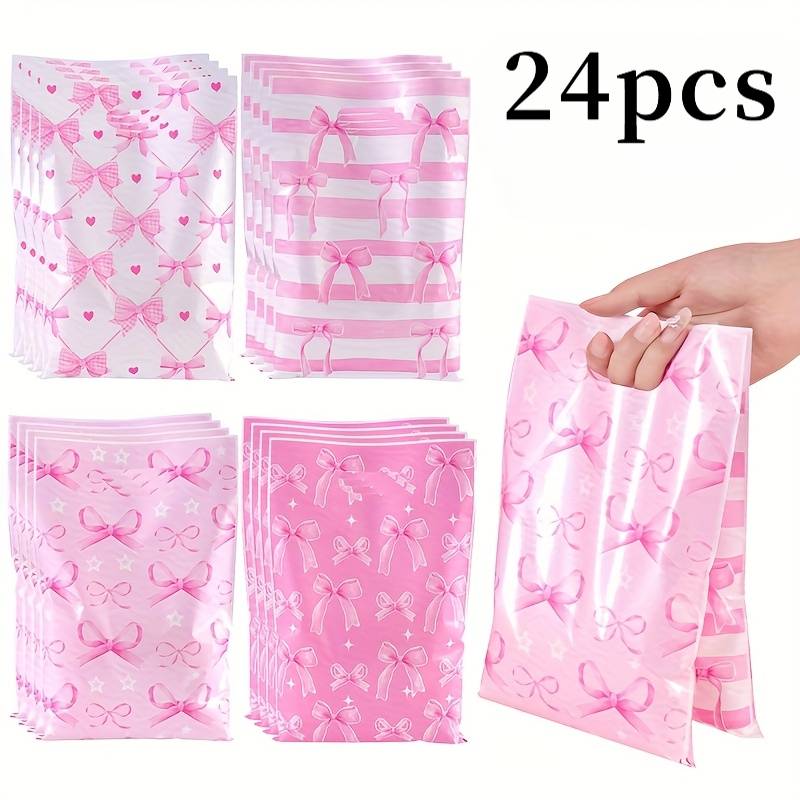 Gift For Her/him 12/24pcs Pink Bow Plastic Gift Bags | 4 Cute Mixed Party Tote Bags With Handles, Durable Pp Material, Perfect For Birthdays, Weddings, Bridal Showers