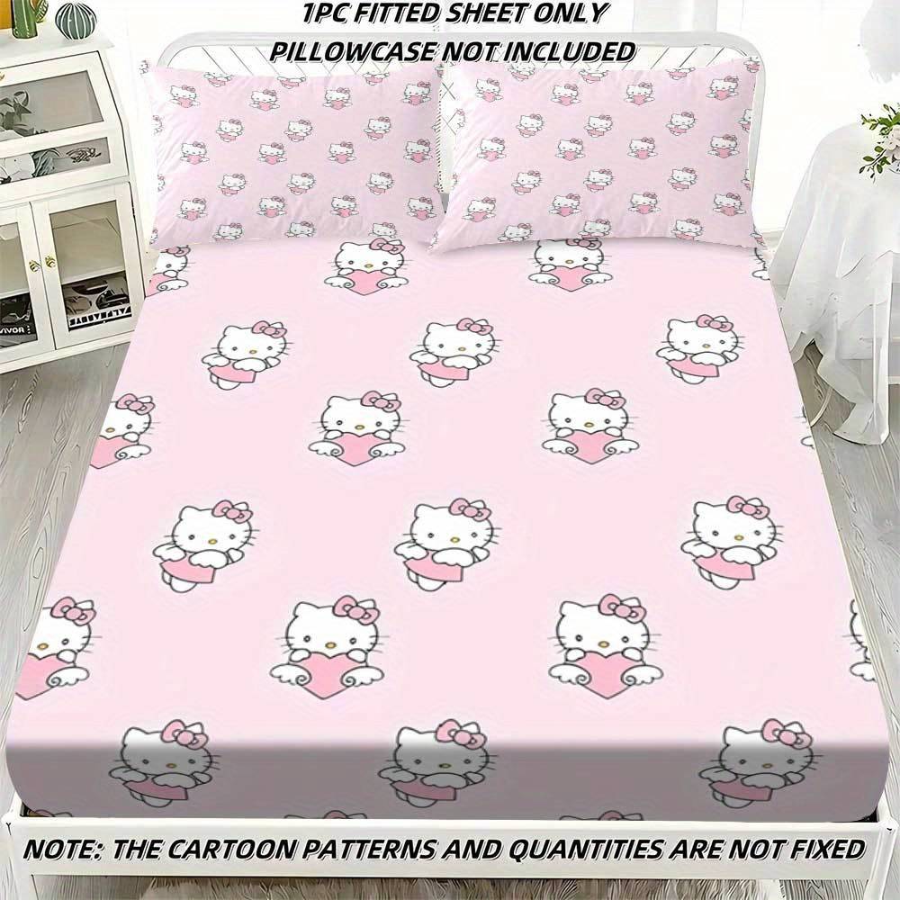 1pc Fitted Sheet Hello Kitty Mattress Protector, Bed Cover, Cozy And Breathable Fitted Sheet, Cartoon Pattern Bed Cover, Stitch Home Decoration. No Pillow. Happy Fall, Halloween. Christmas. Clcdc842