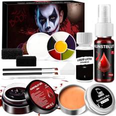 Halloween Makeup sminkset – Halloween makeup konstblod vuxna barn, teatersmink vampyrärr sår med ansikte body färg med 6 färger, konstblodspray, konstblodgel, latexmjölk, ärrvax
