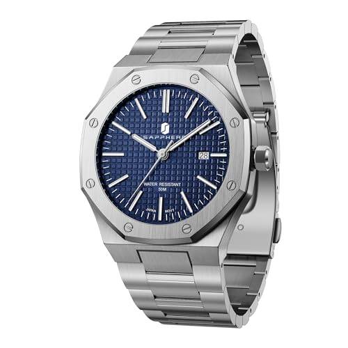 SAPPHERO Uhren Herren Quarzwerk Silber Edelstahl Armband 30M Wasserdicht Datum Kalender Schwarz Blau Herrenuhren Armbanduhr Geschenke für Männer