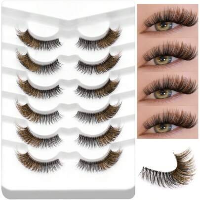 6 par bruna kattögonfransar, lätta flerfärgade C-Curl lockiga vattentäta fuskminkfransar, transparent fransbas, förlängda fransspetsar, lämpliga för d