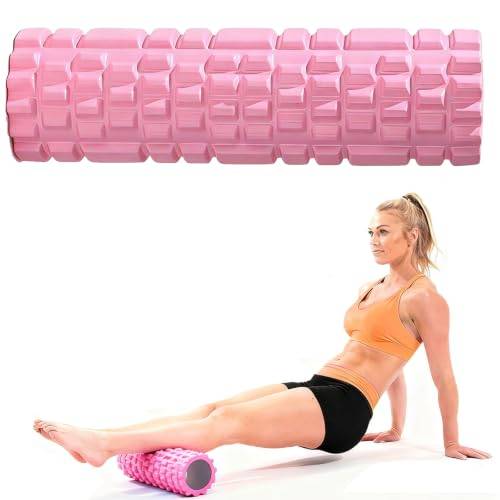 Pilatesrulle inklusive yoga-kolonn, rosa fascia roller, sportskum, fitness och massage-skumrulle, multifunktionell skumrulle, perfekt för muskelstärkning