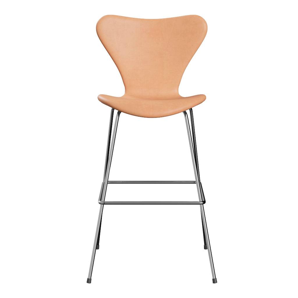 Fritz Hansen - 3197 høj barstol, fuldpolstret i Natur læder Krom stel - Jacobsen Plus